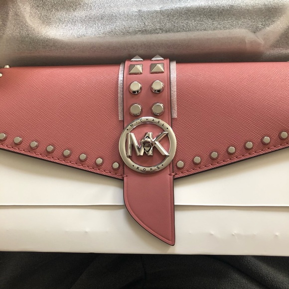 Michael Kors Greenwich Medium Studded Saffiano Leather Shoulder Bag Rose - Picture 10 of 16